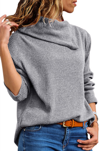 Gray Asymmetric Cowl Neck Ribbed Knit Top