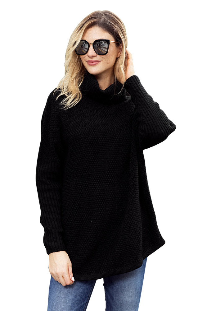 Black Ribbed Sleeves Turtleneck Sweater Pullover
