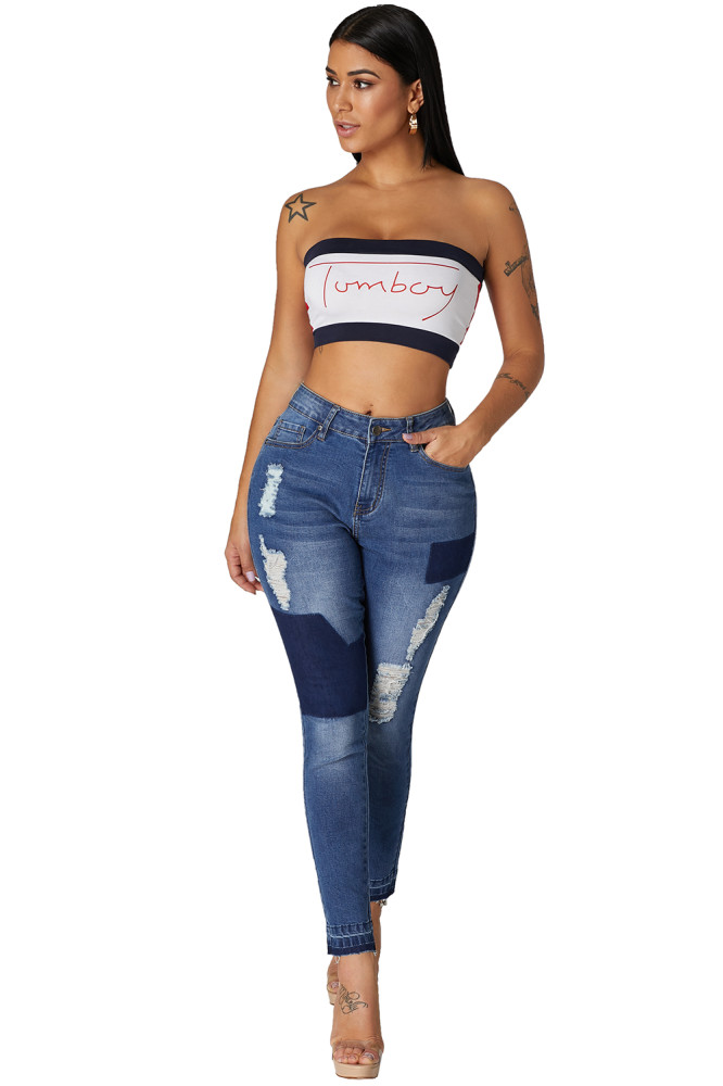Blue Individual Patched Ripped Jeans