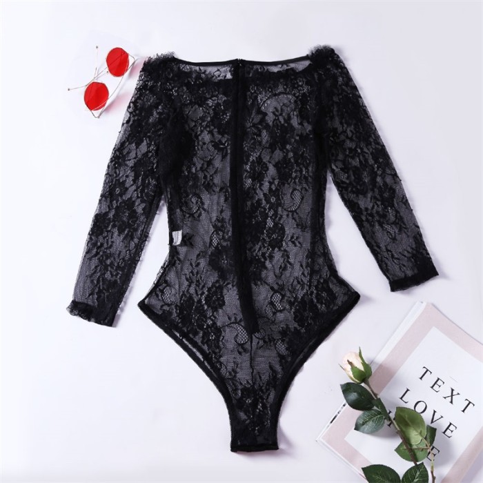 Black Long Sleeve Embroidery Lace Bodysuit