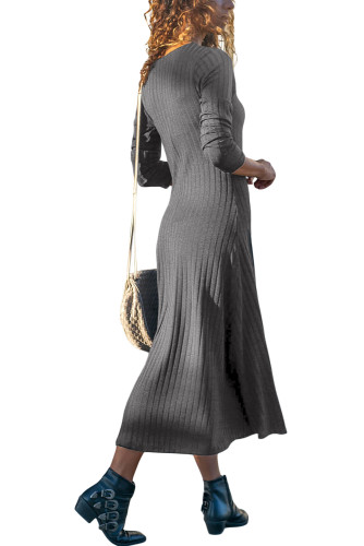 Gray Button Front Long Sleeve Ribbed Midi Dress