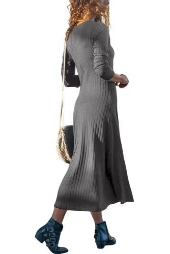 Gray Button Front Long Sleeve Ribbed Midi Dress