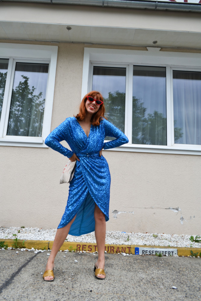 Blue Sequins Wrapped Ruched Irregular Dress