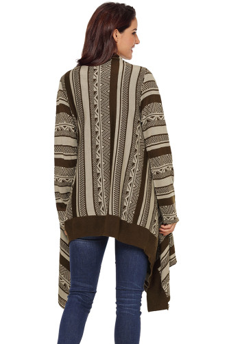 Coffee Draped Azetc Print Open Front Cardigan