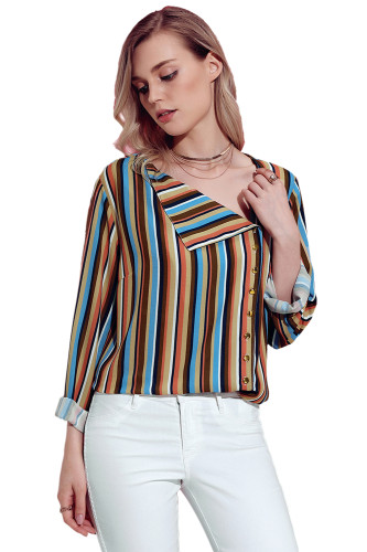 Yellow Multicolor Striped Asymmetric Button Down Shirt