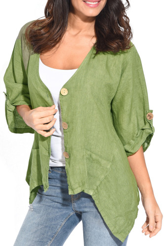 Green Roll Tab Sleeve Button Front Casual Shirt