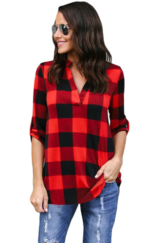 Red Black Tricolor Plaid V Neck Blouse