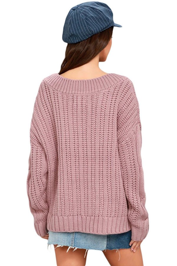 Pink Cable Knit V Neck Sweater