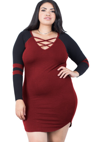 Burgundy Black Plus Size Sporty Striped Dress
