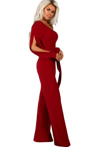 Burgundy Asymmetric One Shoulder Wide Leg Solid Jumpsuit
