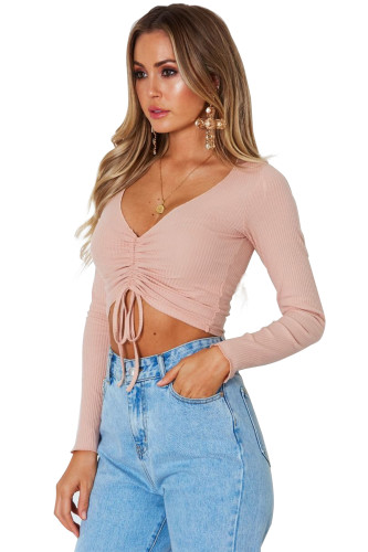 Pink Cinched Lace Up Long Sleeve Crop Top