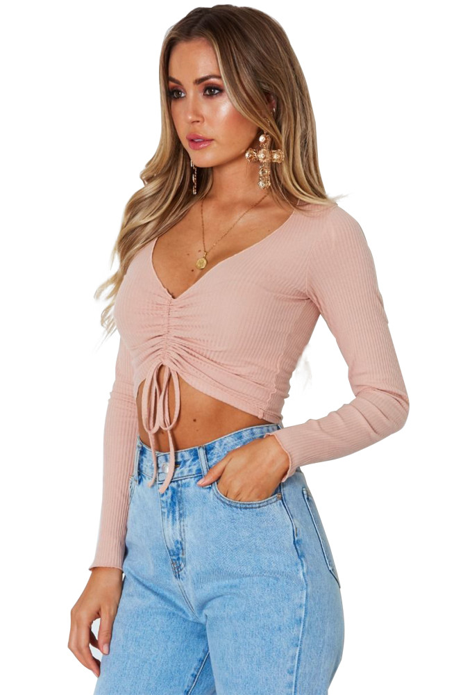 Pink Cinched Lace Up Long Sleeve Crop Top