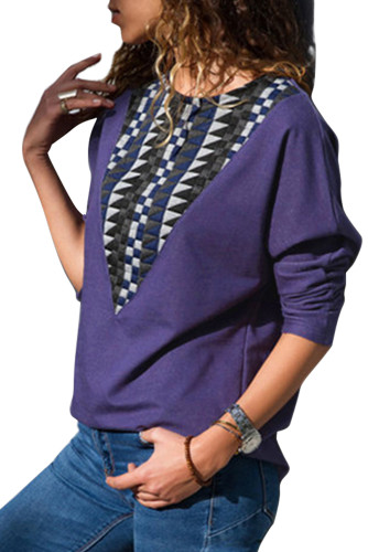 Purple Long Sleeve Colorblock Diamond Top