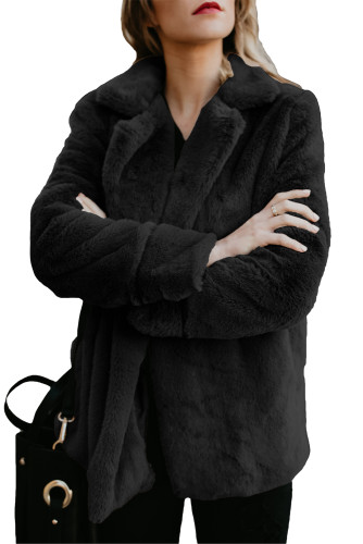 Black Pocket Style Fluffy Winter Coat
