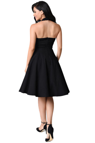 Black Cross Halter Vintage Flare Dress
