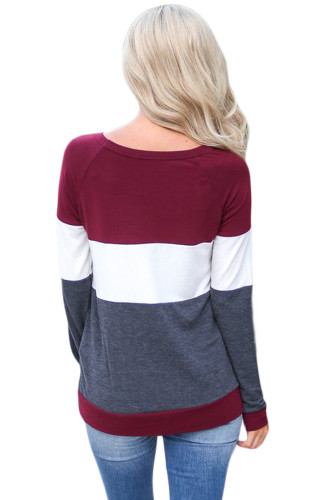Burgundy White Gray Colorblock Long Sleeve Top