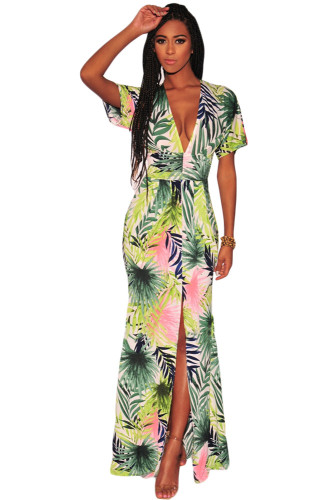 Green Palm Print V Neck Slit Maxi Boho Dress