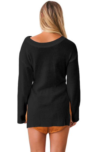 Black Side Split Belted Pullover Sweater
