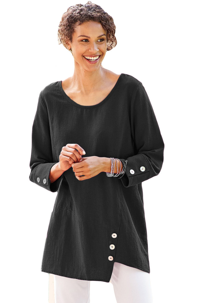 Black Button Detail Long Sleeve Cotton Top