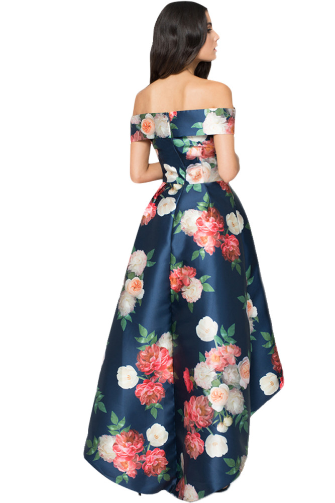 Navy Satin Floral Off Shoulder Prom Dress