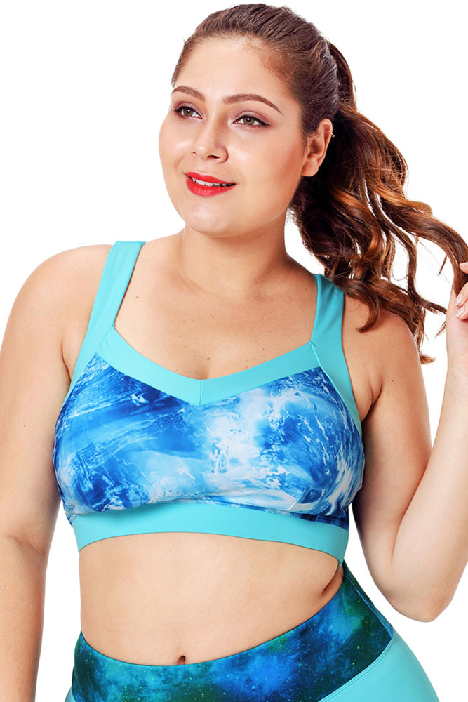 Light Blue Plus Size Abstract Print Racerback Sport Bra