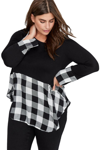 Black Plaid Splice Long Sleeve Plus Size Top