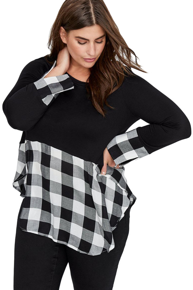 Black Plaid Splice Long Sleeve Plus Size Top