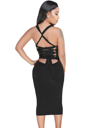 Black Lace Up Ribbon Tie Back Midi Dress