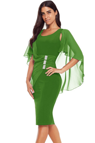 Green Waist Pleats Rhinestone Detail Midi Dress