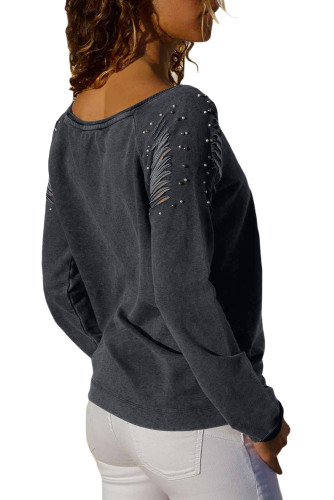 Charcoal Ribbed Slash Pearl Detail Long Sleeve Top