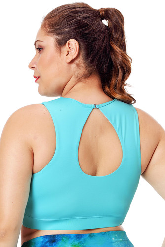 Light Blue Mesh Insert High Neck Plus Size Sport Bra