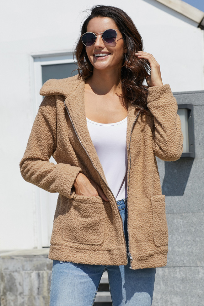 Light Brown Lamb Wool Zipped Chunky Coat
