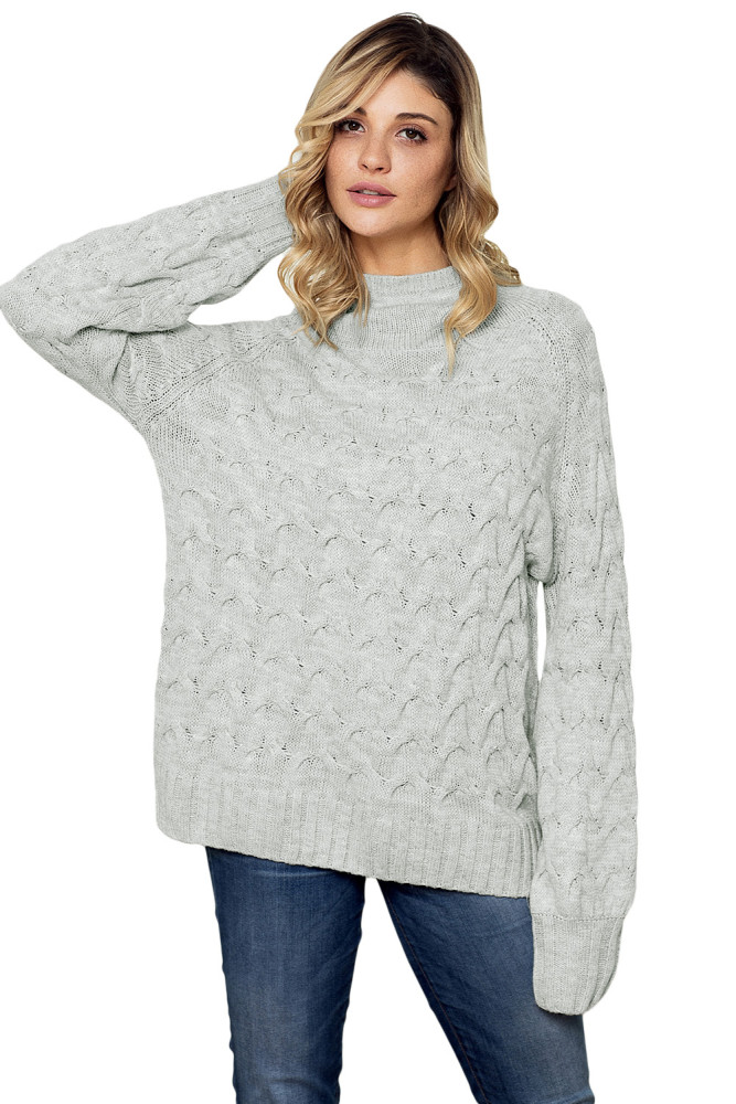 Grey Cable Knit High Neck Sweater for Women