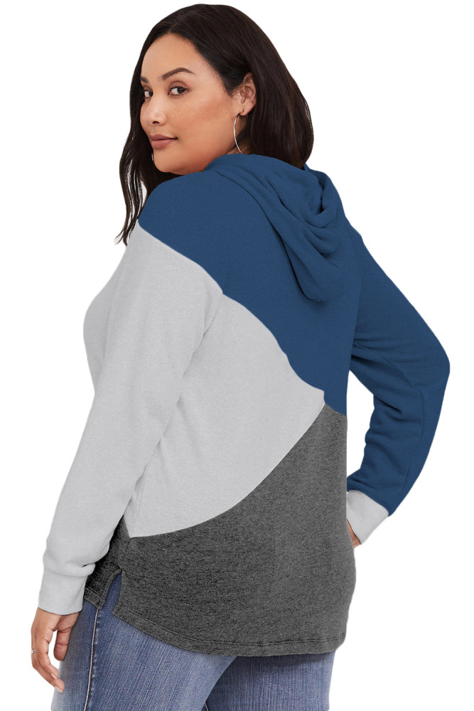 Blue Hooded Tricolor Blocked Plus Size Top