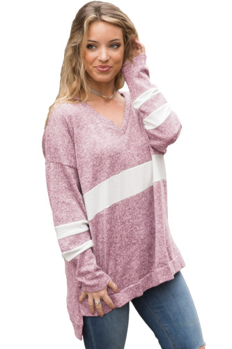 Pink V Neck Chunky Stripe Sweatshirt