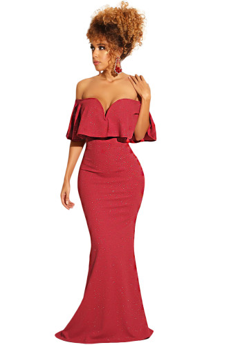 Red Ruffled Poncho Shiny Off Shoulder Party Gown