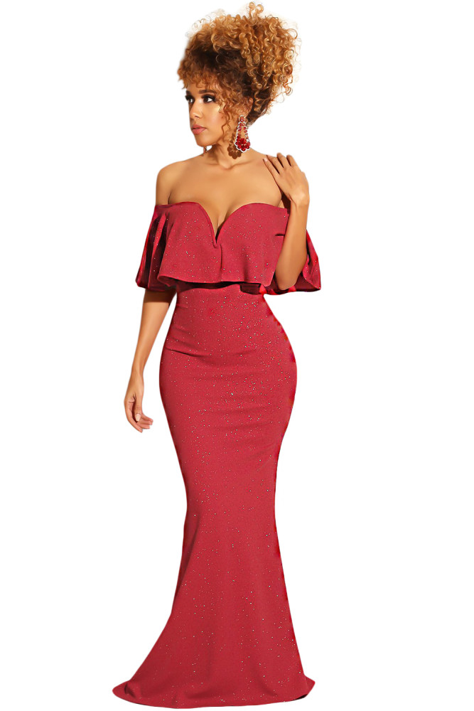 Red Ruffled Poncho Shiny Off Shoulder Party Gown