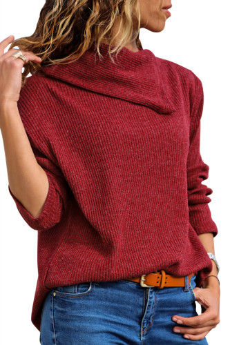 Burgundy Asymmetric Cowl Neck Ribbed Knit Top