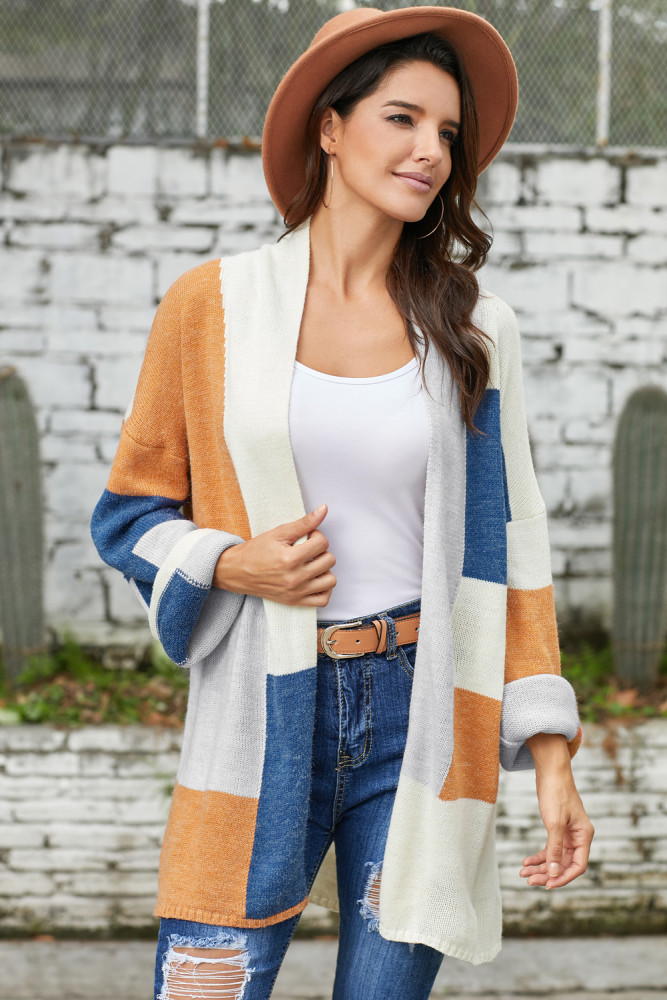 Khaki Blue Multi Colorblock Open Front Cardigan