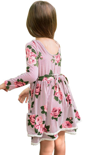 Red Sweet Striped Floral Kids Dress