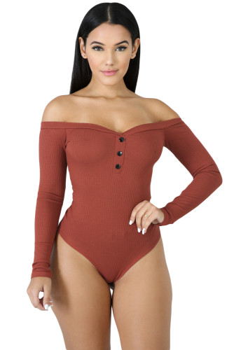 Rust Red Button Front Off Shoulder Long Sleeve Bodysuit