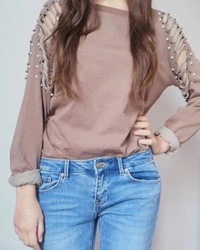 Camel Ribbed Slash Pearl Detail Long Sleeve Top