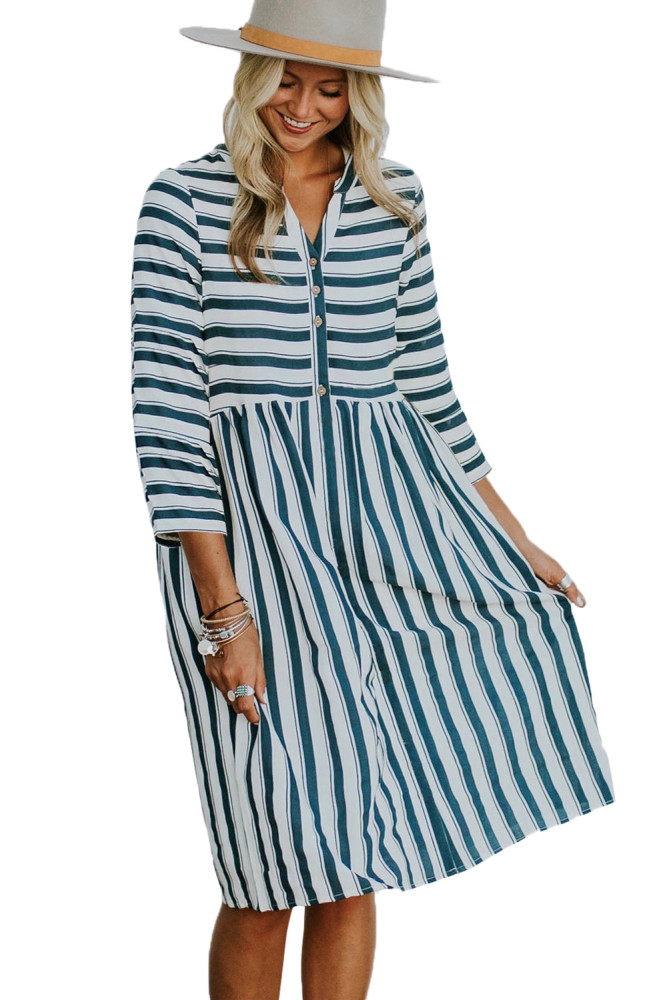 White Navy Striped Casual Midi Shirt Dress