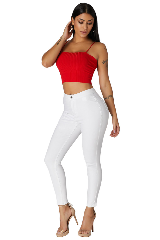 White High Waist Skinny Jeans with Round Pockets