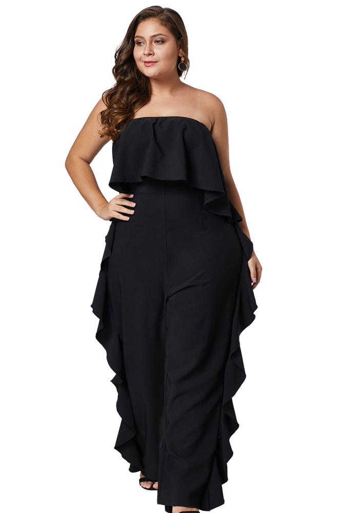 Black Prime Dreams Plus Size Strapless Ruffle Jumpsuit
