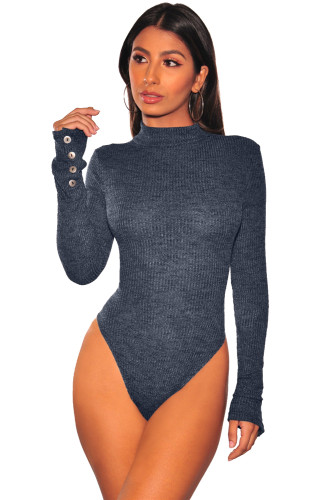 Navy Mock Neck Ribbed Knit Long Sleeves Bodysuit