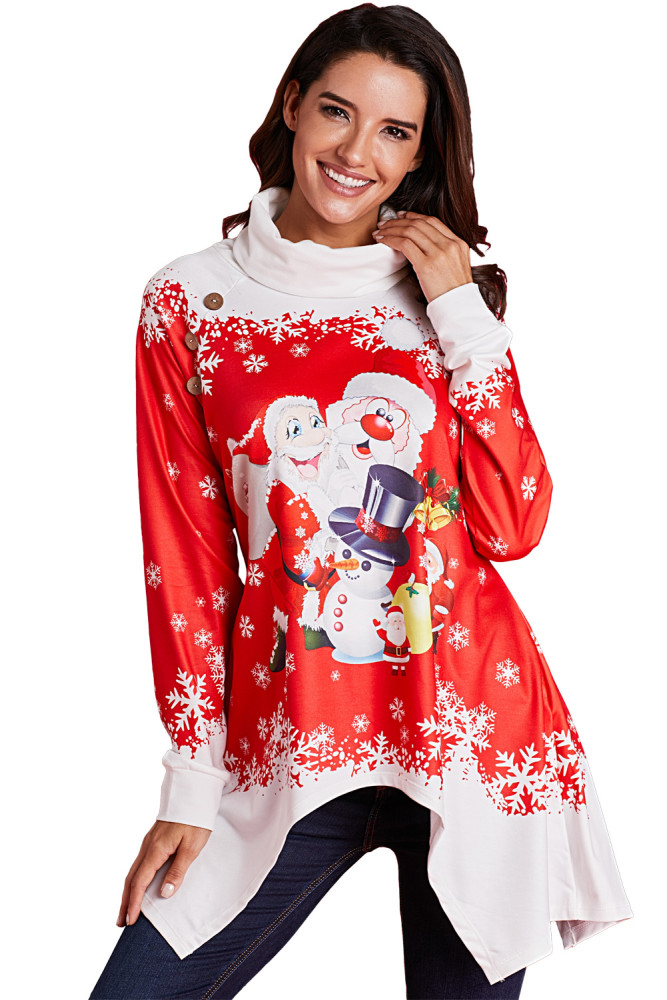 Cowl Neck Santa Claus Snowman Xmas Tunic Top