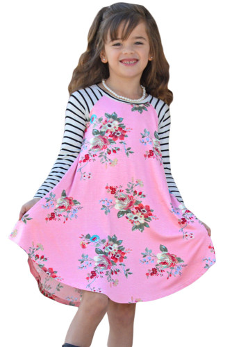 Pink Spring Fling Floral Striped Sleeve Short Dress for Kids