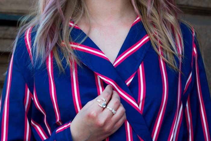 Navy Blue Multi Striped Shirt Dress with Tie