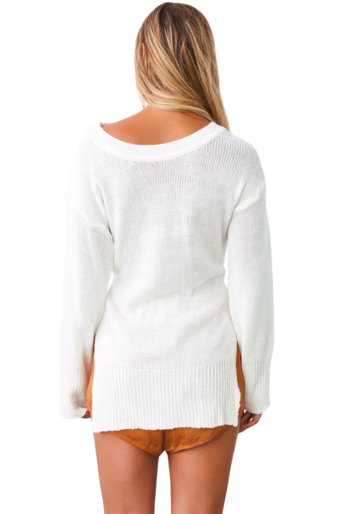 White Side Split Belted Pullover Sweater